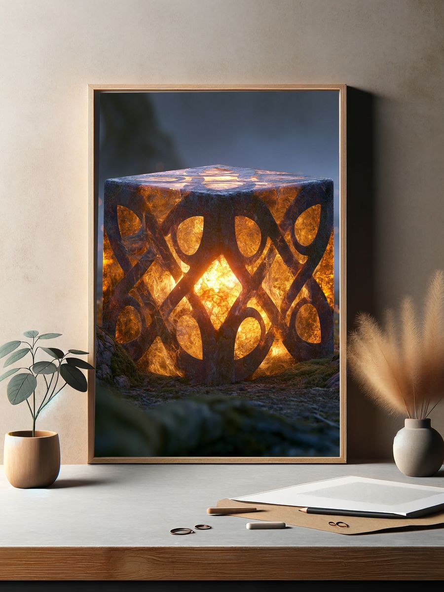 Glowing Rune Cube Illustration Poster. — room view 2