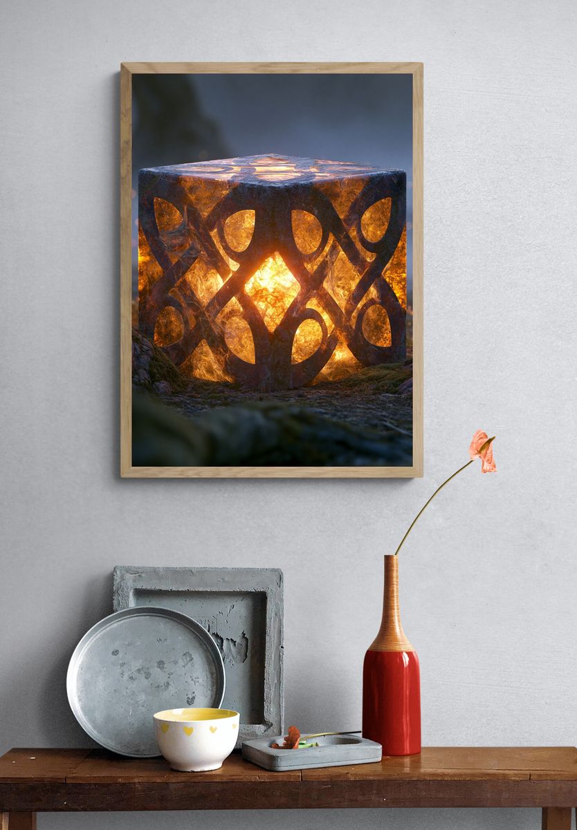 Glowing Rune Cube Illustration Poster. — room view 3