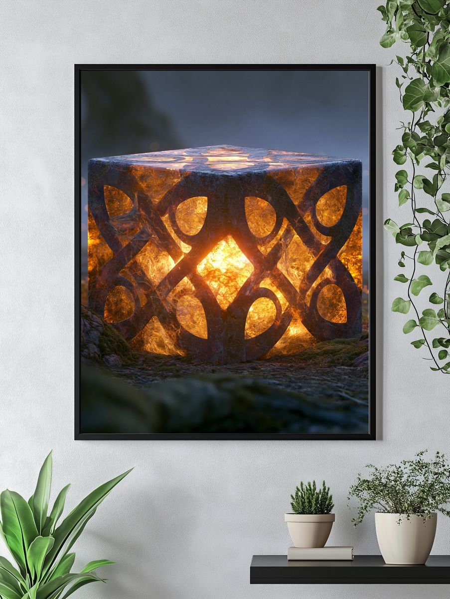 Glowing Rune Cube Illustration Poster. — room view 4