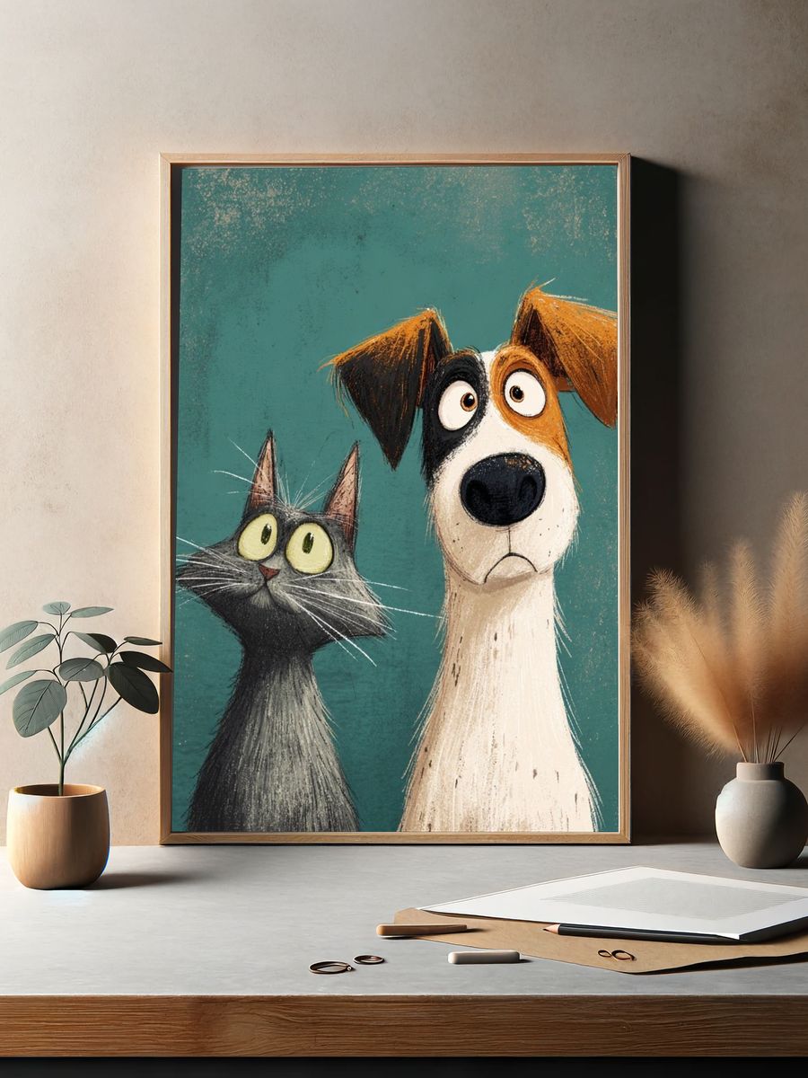Cat and Dog Illustration Poster. — room view 2