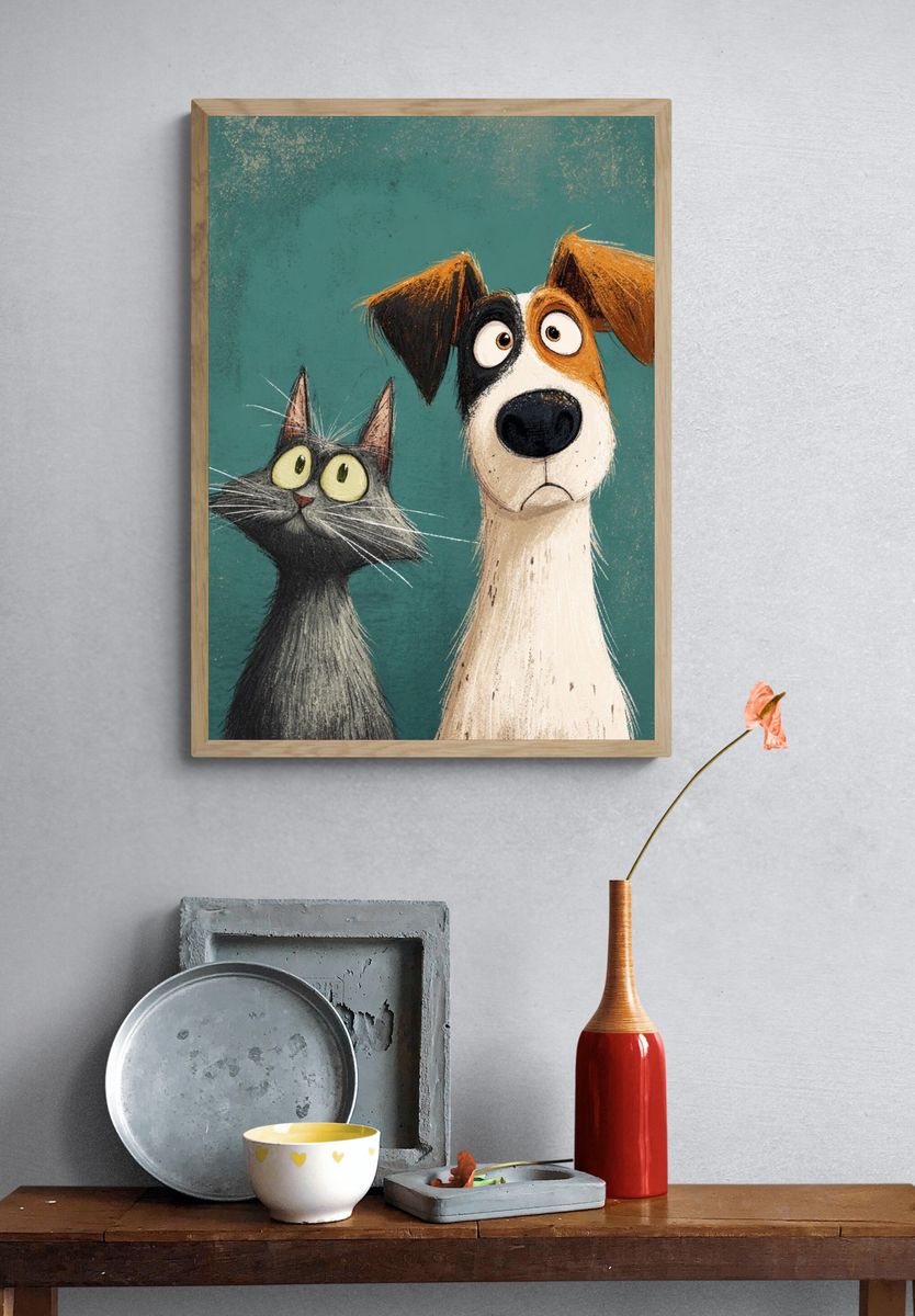Cat and Dog Illustration Poster. — room view 3