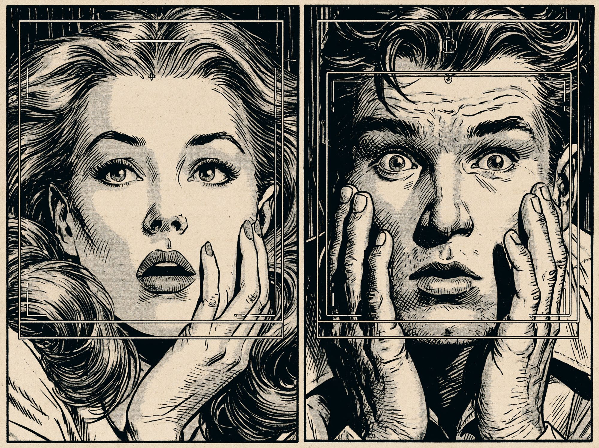 Surprised Faces Ink Illustration Poster. poster — illustration art