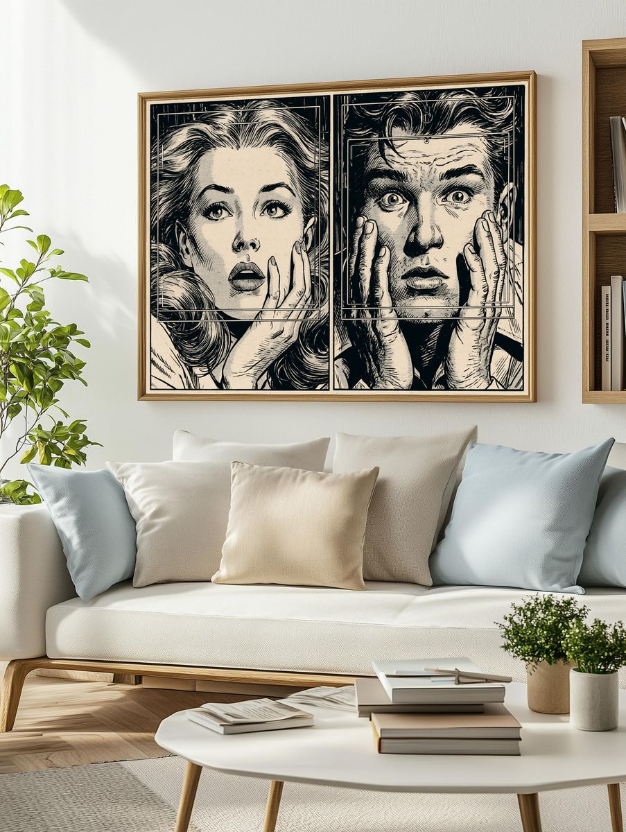 Surprised Faces Ink Illustration Poster. — room view 2