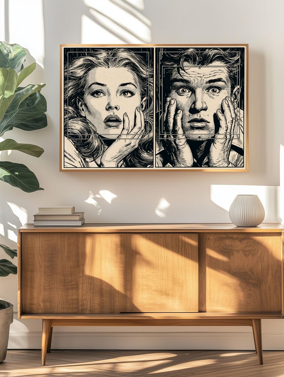 Surprised Faces Ink Illustration Poster. — room view 3
