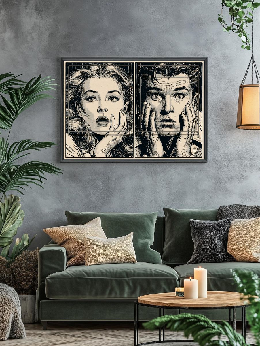 Surprised Faces Ink Illustration Poster. — room view 4