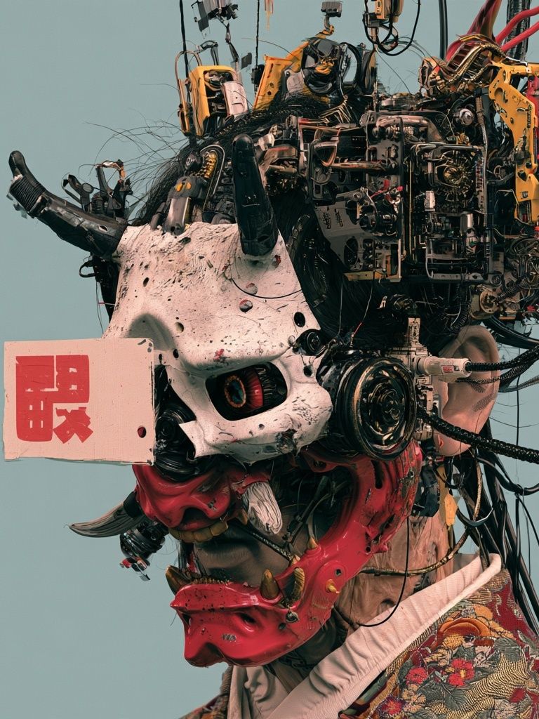 Cyber Oni Mask Illustration Poster. poster detail