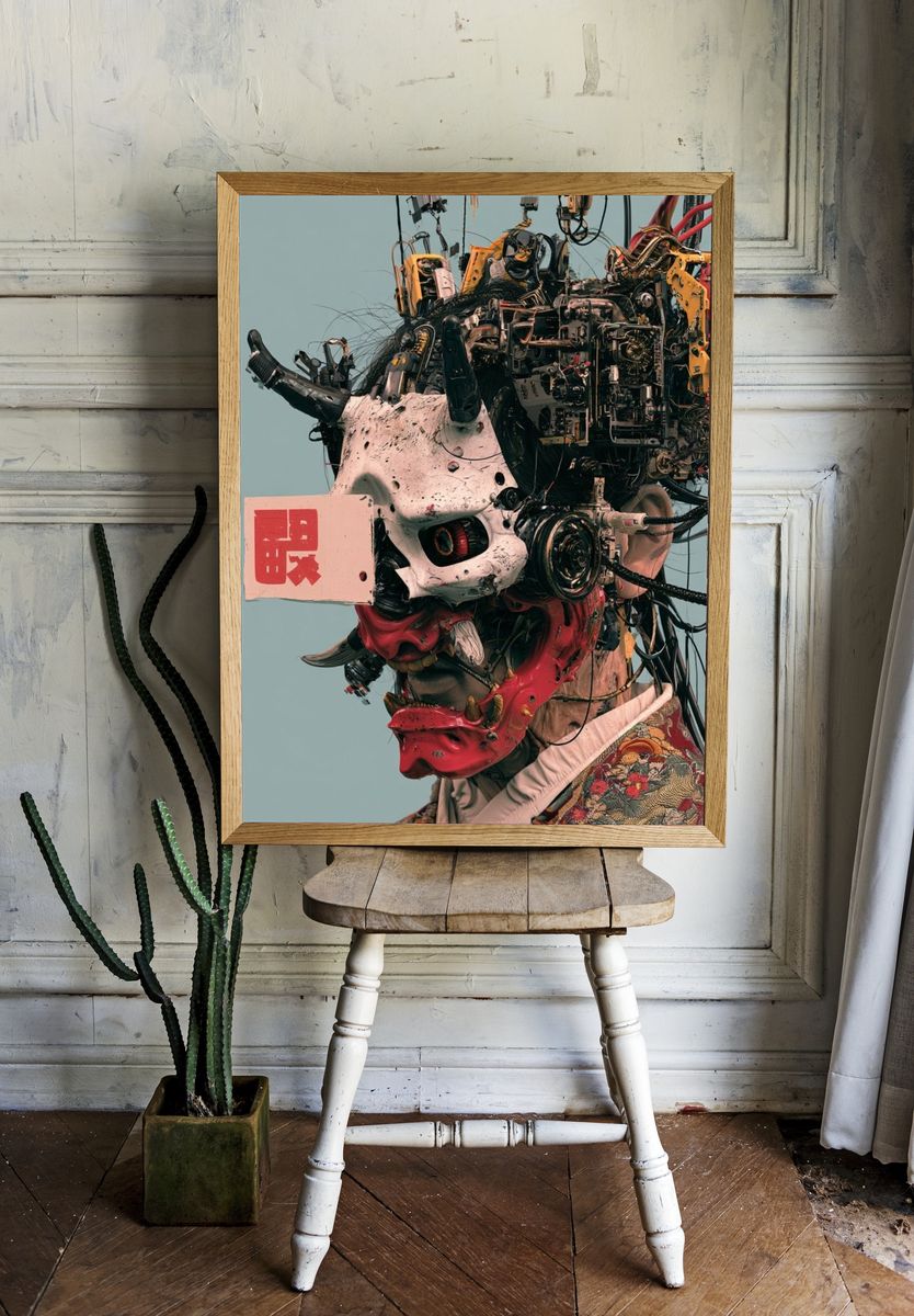 Cyber Oni Mask Illustration Poster. room preview