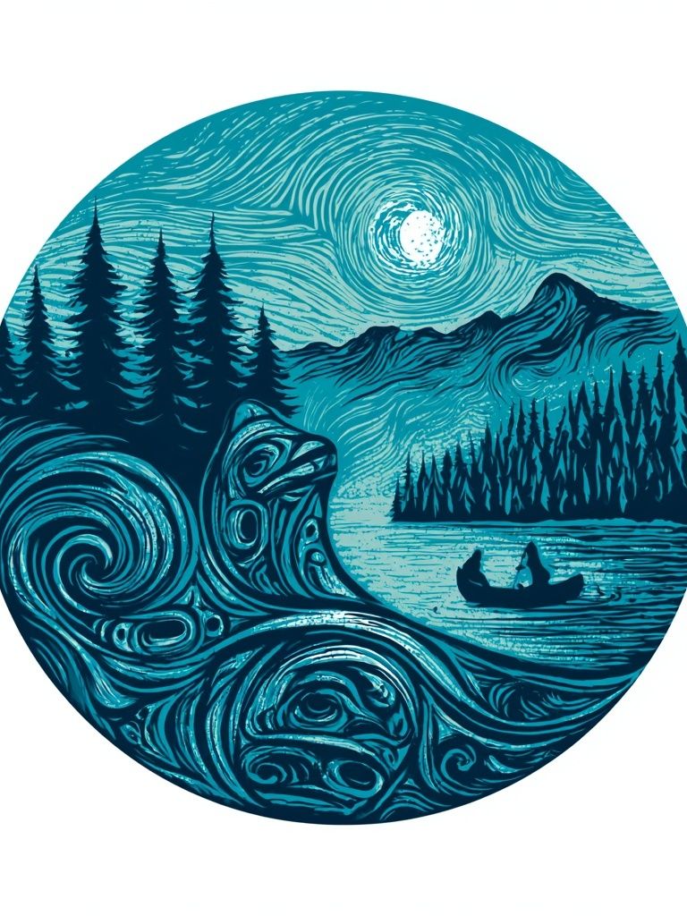 Moonlit Forest Canoe Illustration Poster. poster — illustration art