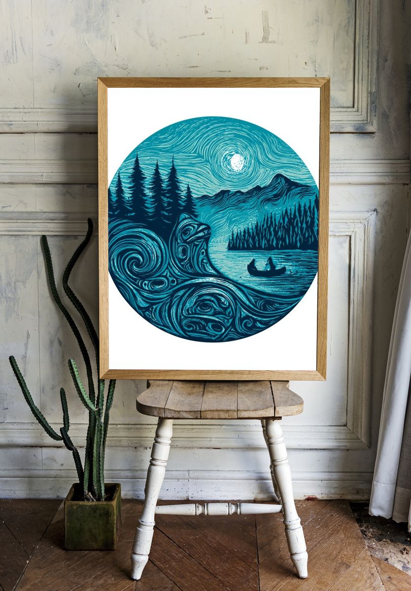 Moonlit Forest Canoe Illustration Poster. — room view 1