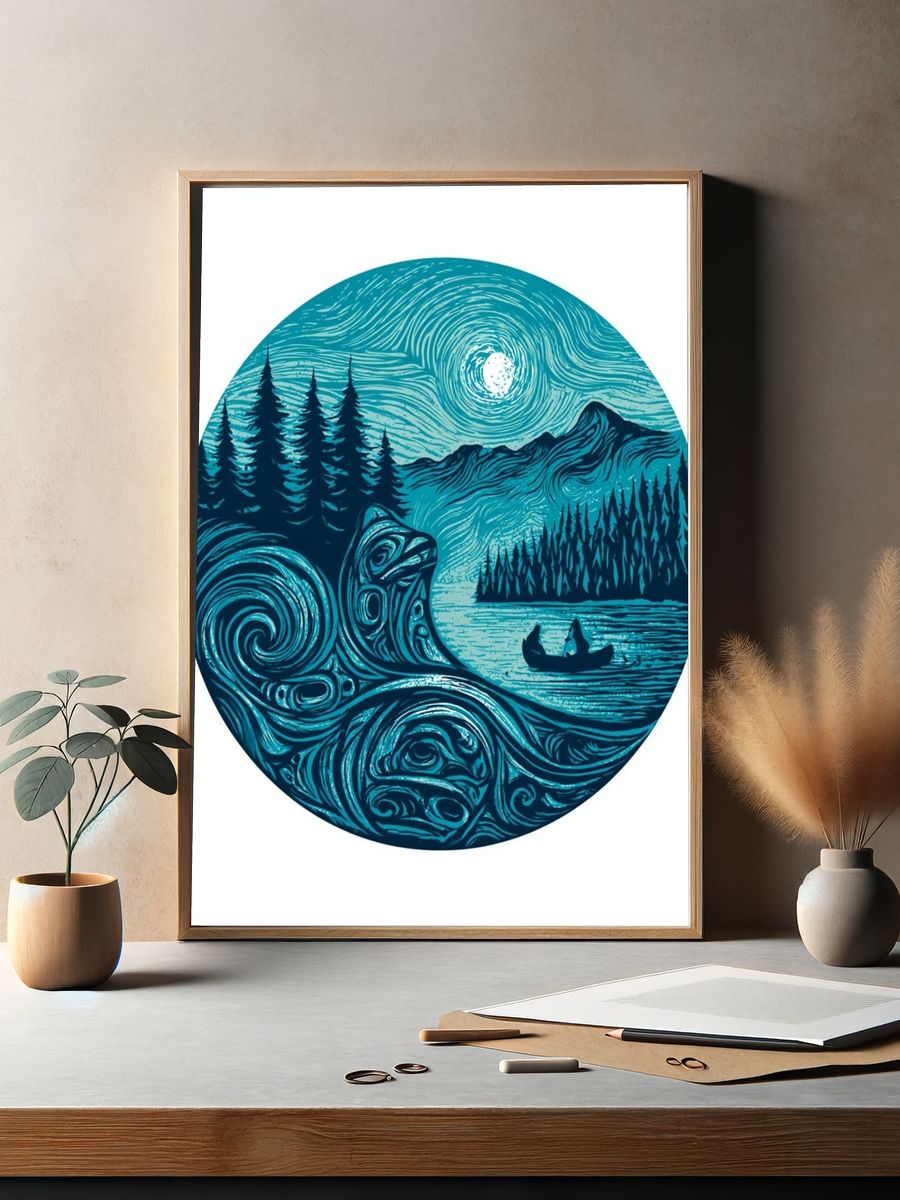 Moonlit Forest Canoe Illustration Poster. — room view 2