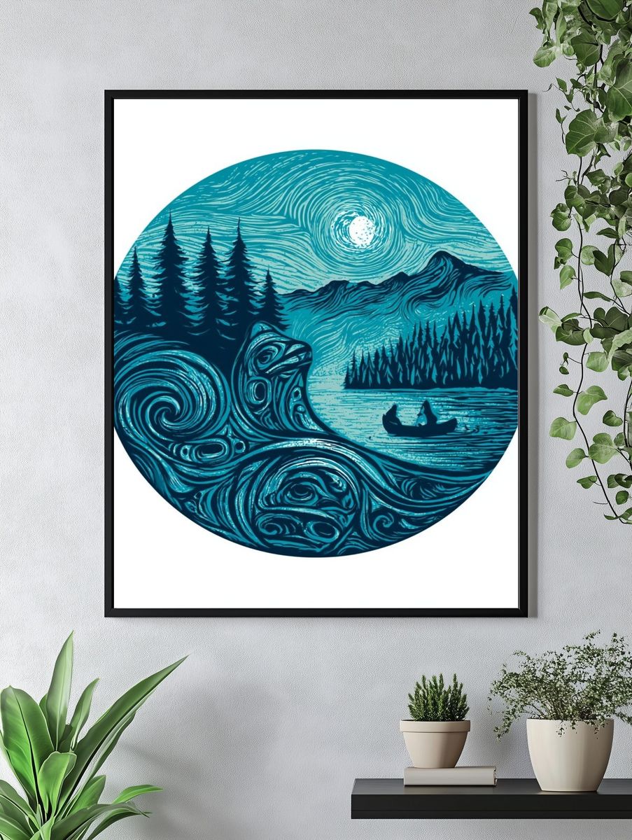Moonlit Forest Canoe Illustration Poster. — room view 4