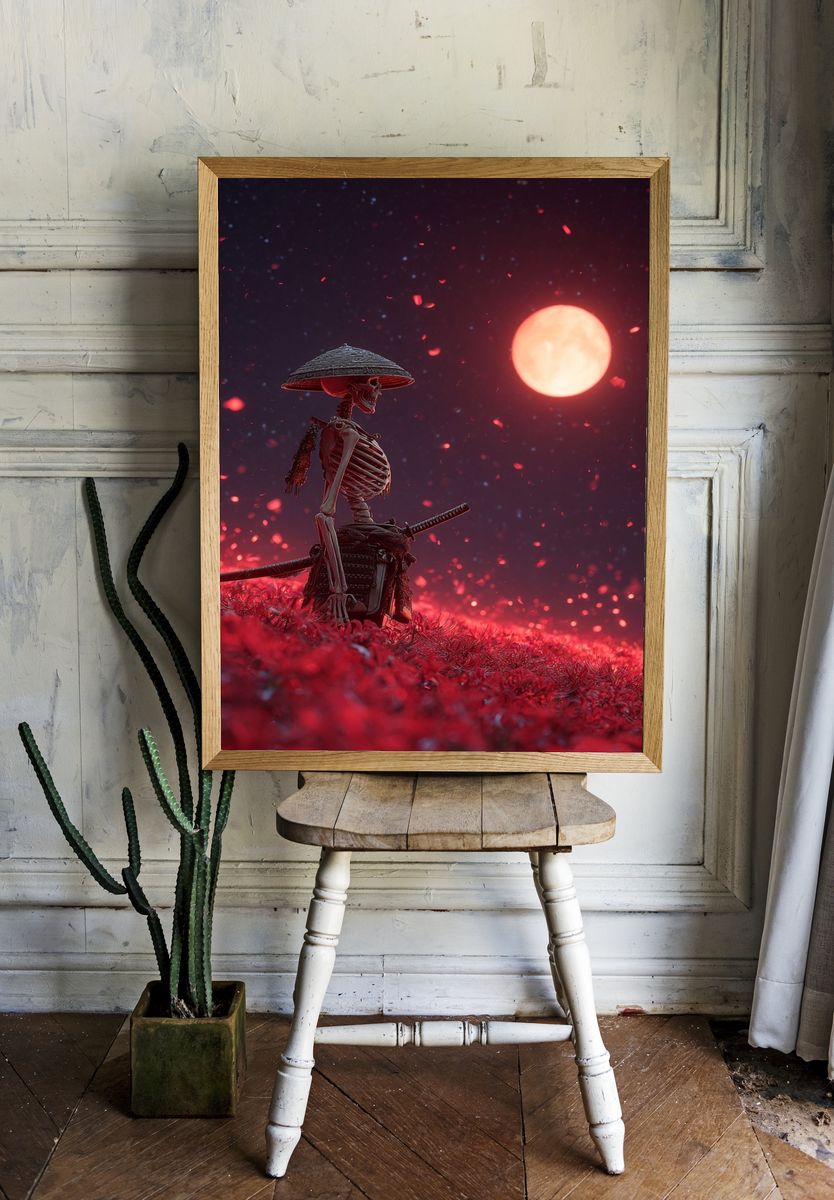 Samurai Skeleton Moonlight Print. room preview
