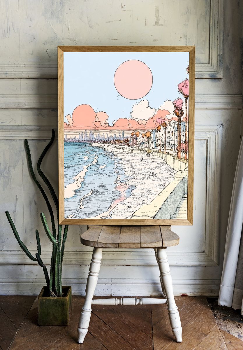 Pastel Coastal Cityscape Illustration Poster. room preview