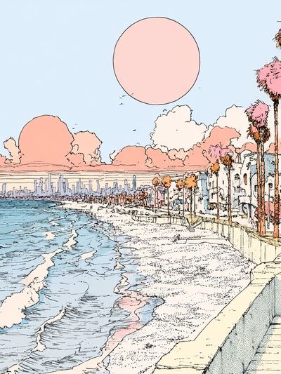 Pastel Coastal Cityscape Illustration Poster.