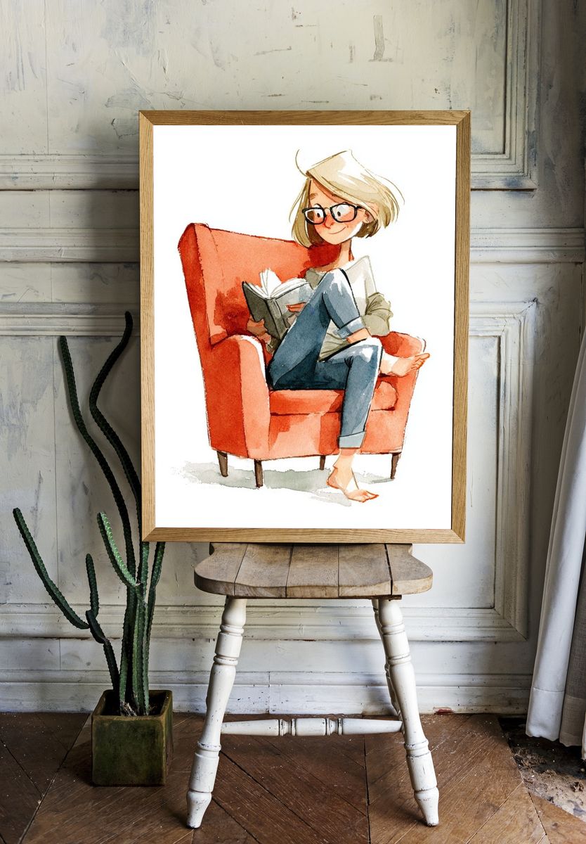 Reading Girl Watercolor Print. — room view 1
