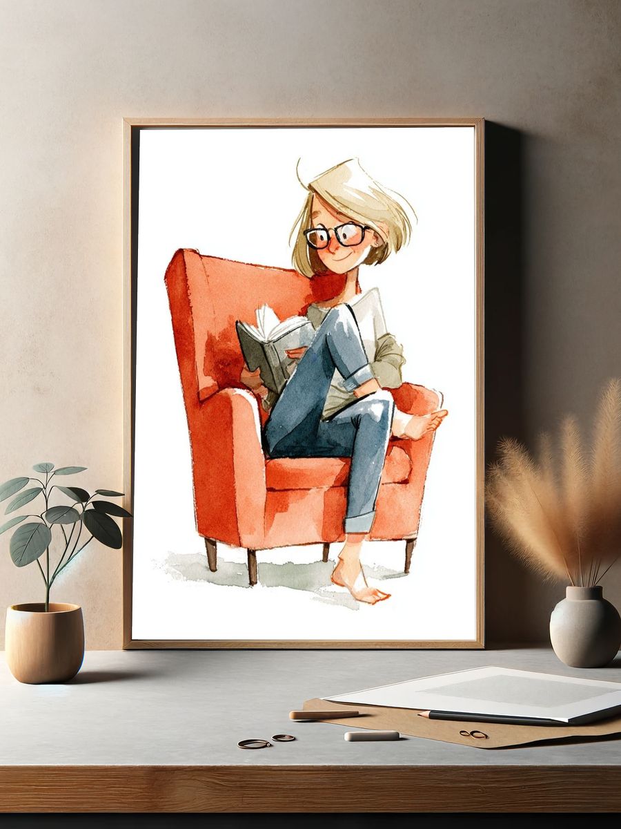 Reading Girl Watercolor Print. — room view 2