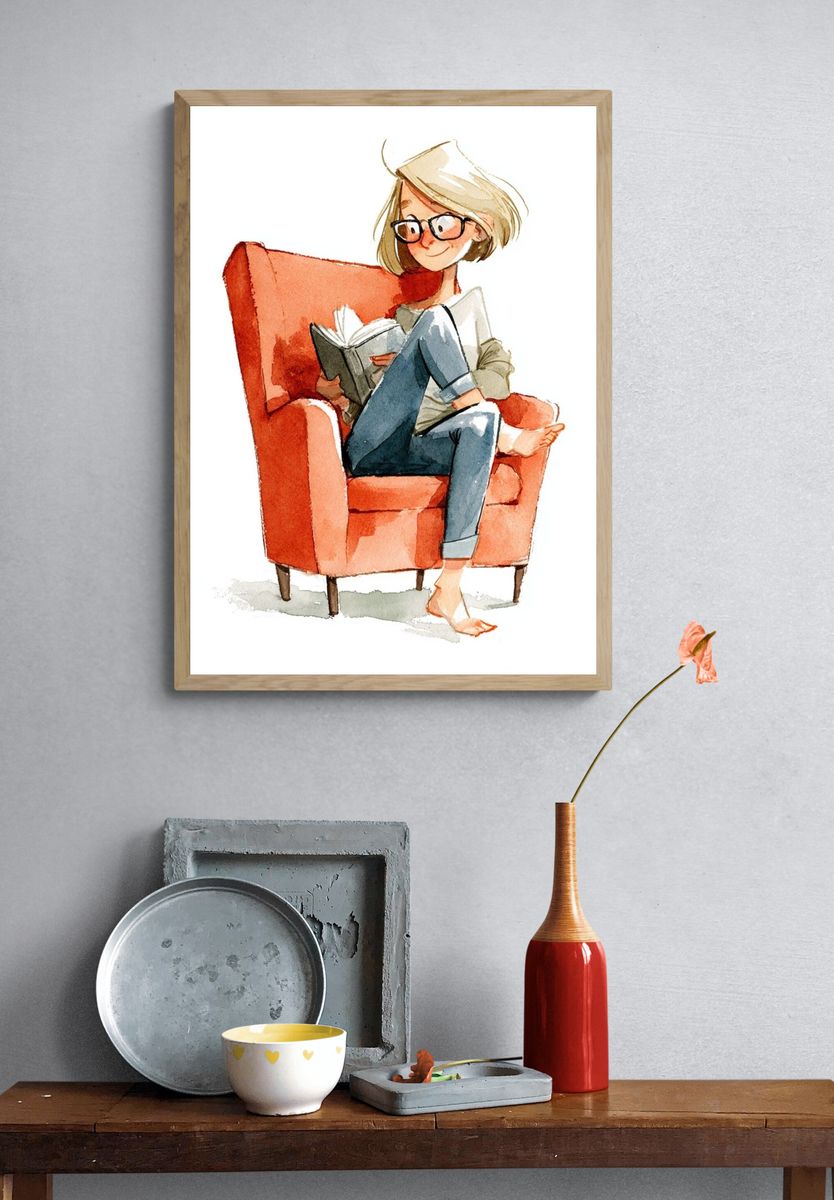 Reading Girl Watercolor Print. — room view 3