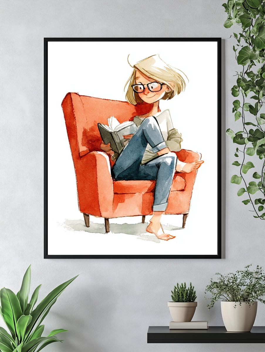 Reading Girl Watercolor Print. — room view 4
