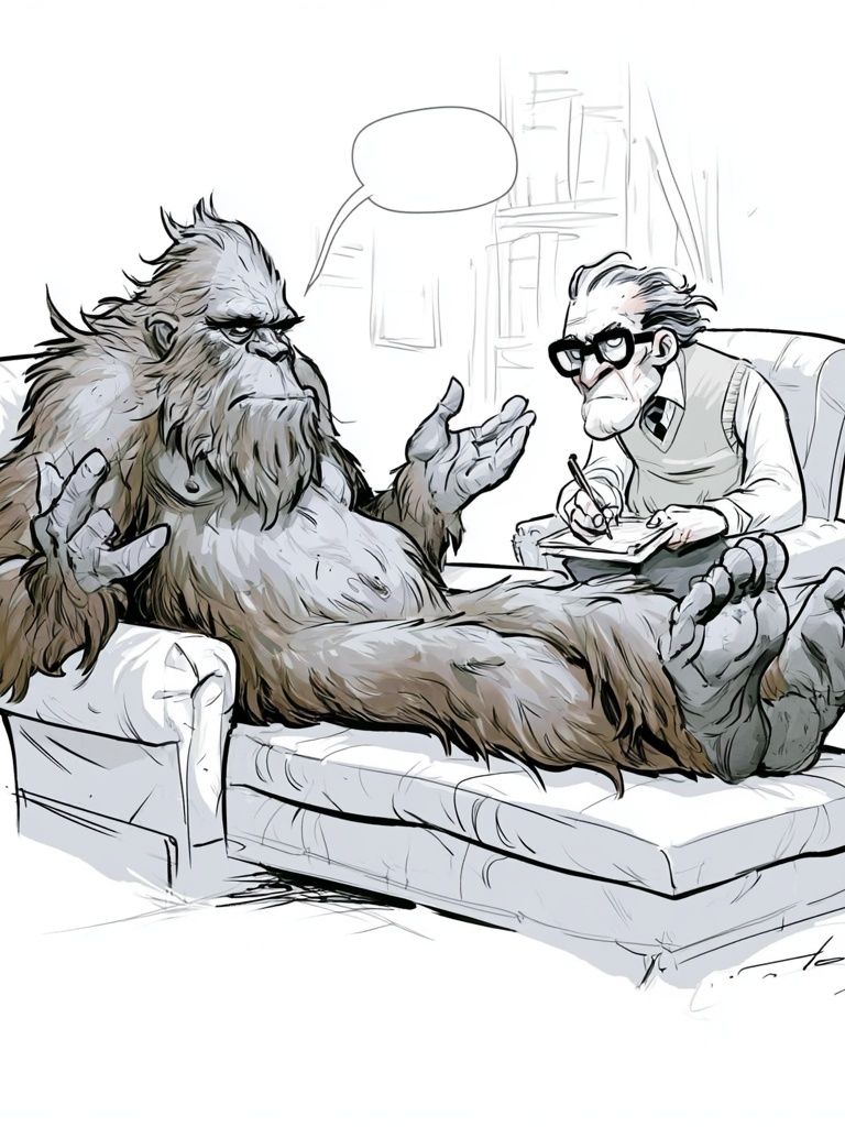 Bigfoot Therapy Session Illustration Poster. poster — illustration art