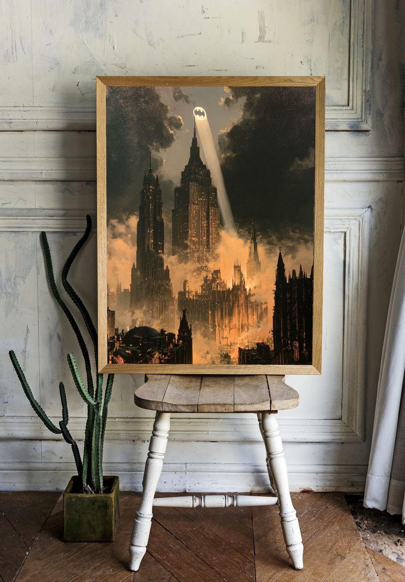 Gotham Skyline Bat-Signal Print. room preview
