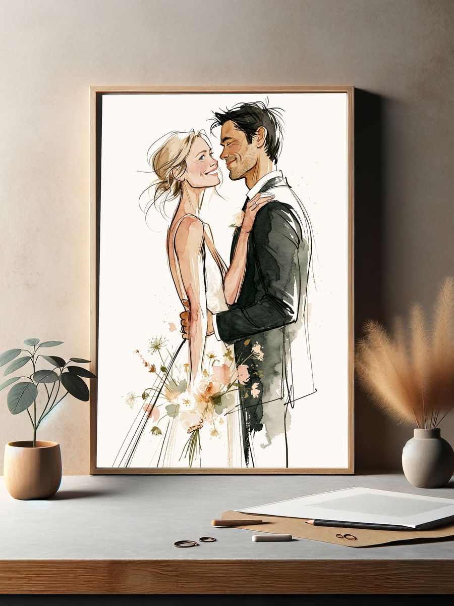 Romantic Couple Watercolor Print. — room view 2
