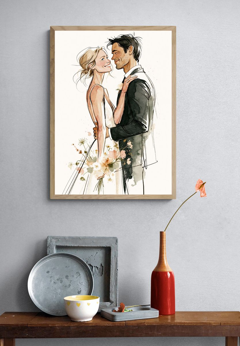 Romantic Couple Watercolor Print. — room view 3