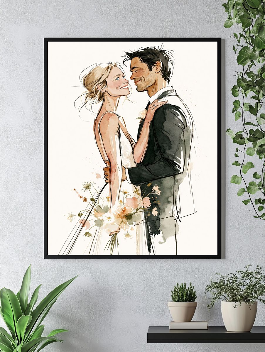 Romantic Couple Watercolor Print. — room view 4