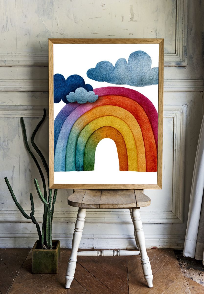 Rainbow Clouds Watercolor Print. room preview