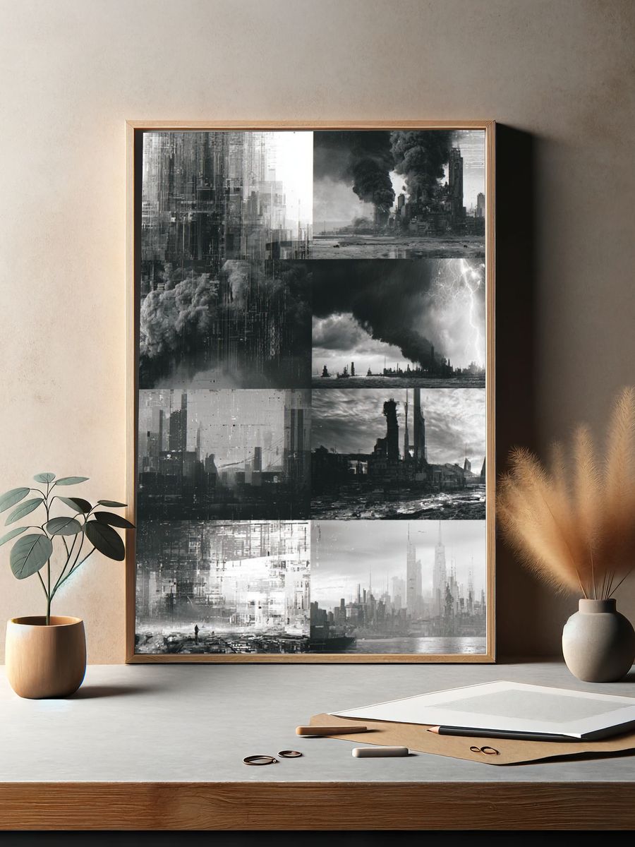 Dystopian Cityscape Collage Print. — room view 2