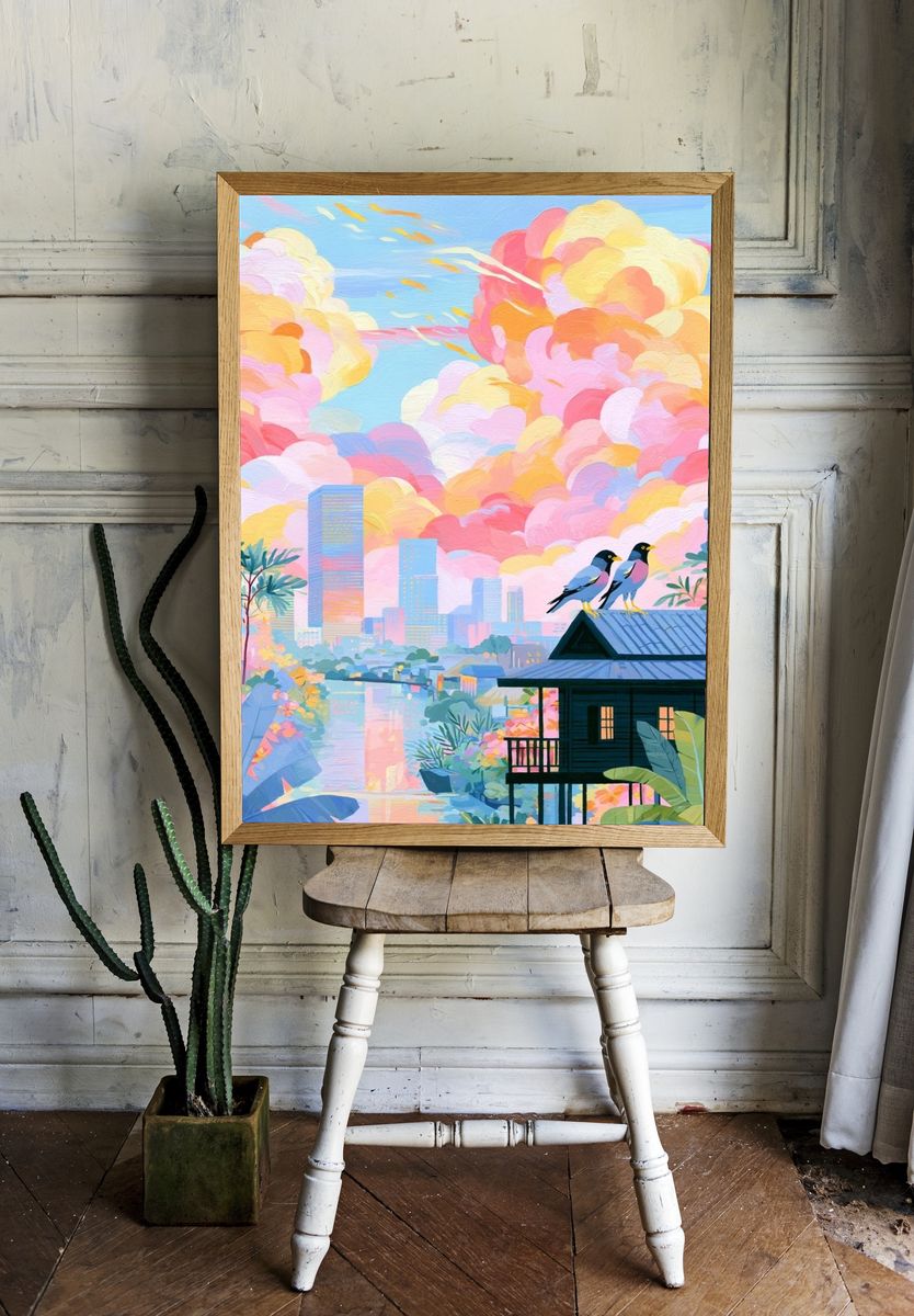 Pastel Cityscape Birds Illustration Poster. room preview