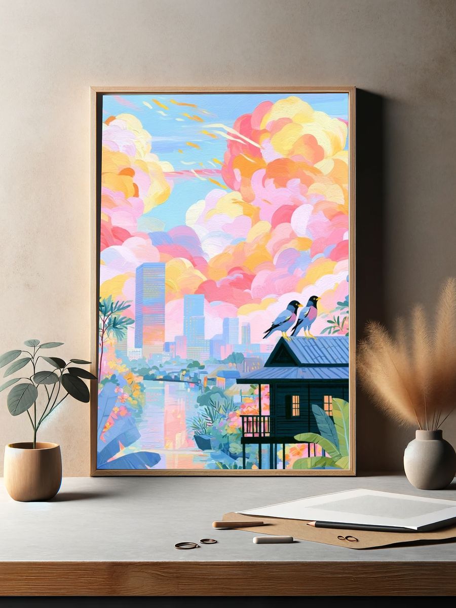 Pastel Cityscape Birds Illustration Poster. — room view 2