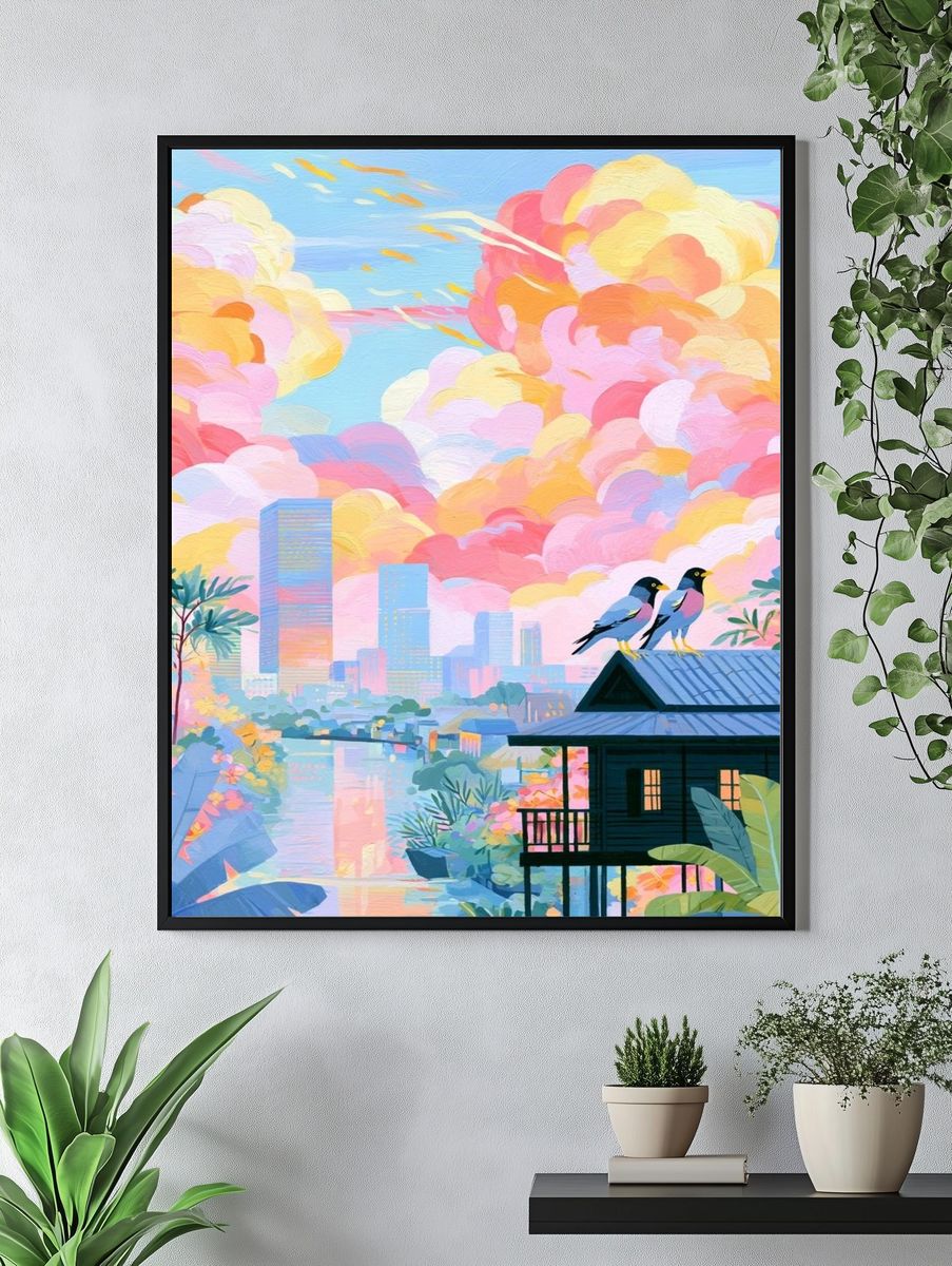 Pastel Cityscape Birds Illustration Poster. — room view 4