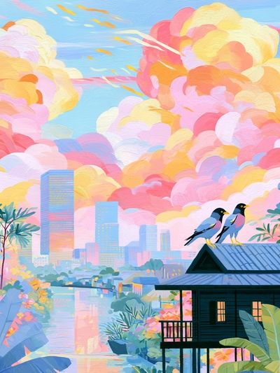 Pastel Cityscape Birds Illustration Poster.
