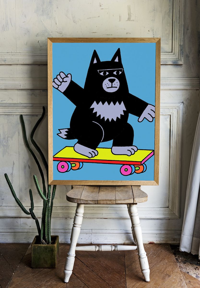 Skateboarding Cat Cartoon Poster. — room view 1