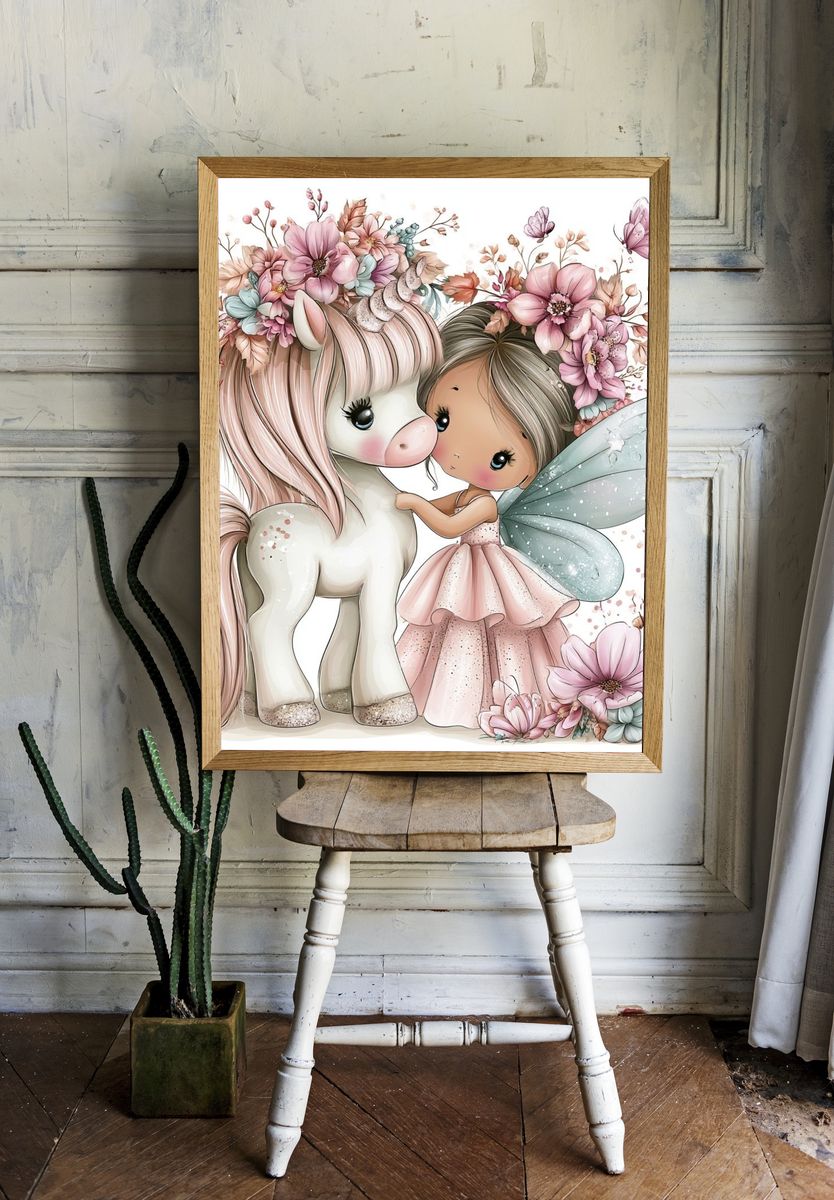 Fairy Girl and Unicorn Illustration Poster. room preview