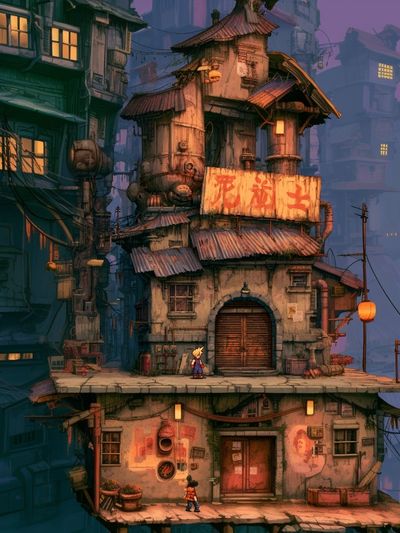 Floating City Alley Illustration Poster.