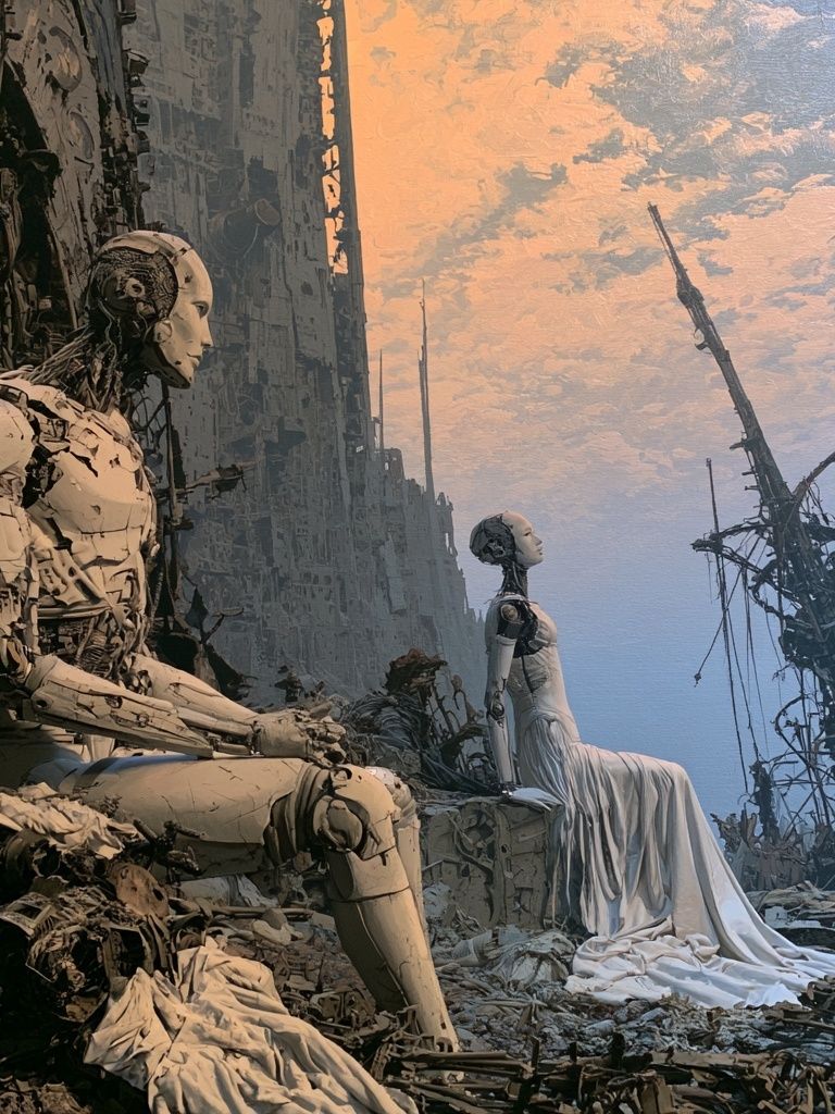 Surreal Robots at Dusk Print. poster — illustration art