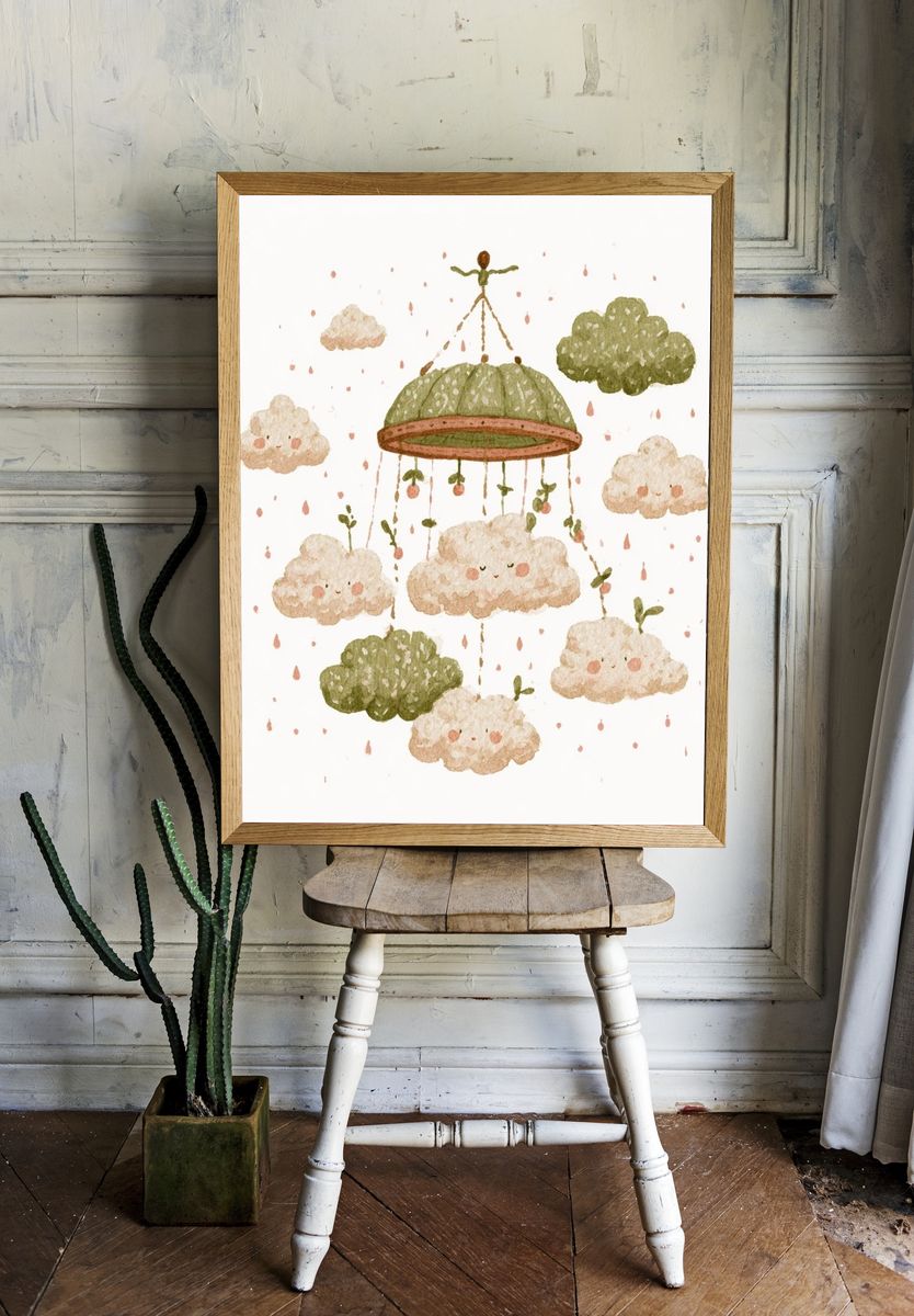 Floating Clouds Watercolor Print. — room view 1