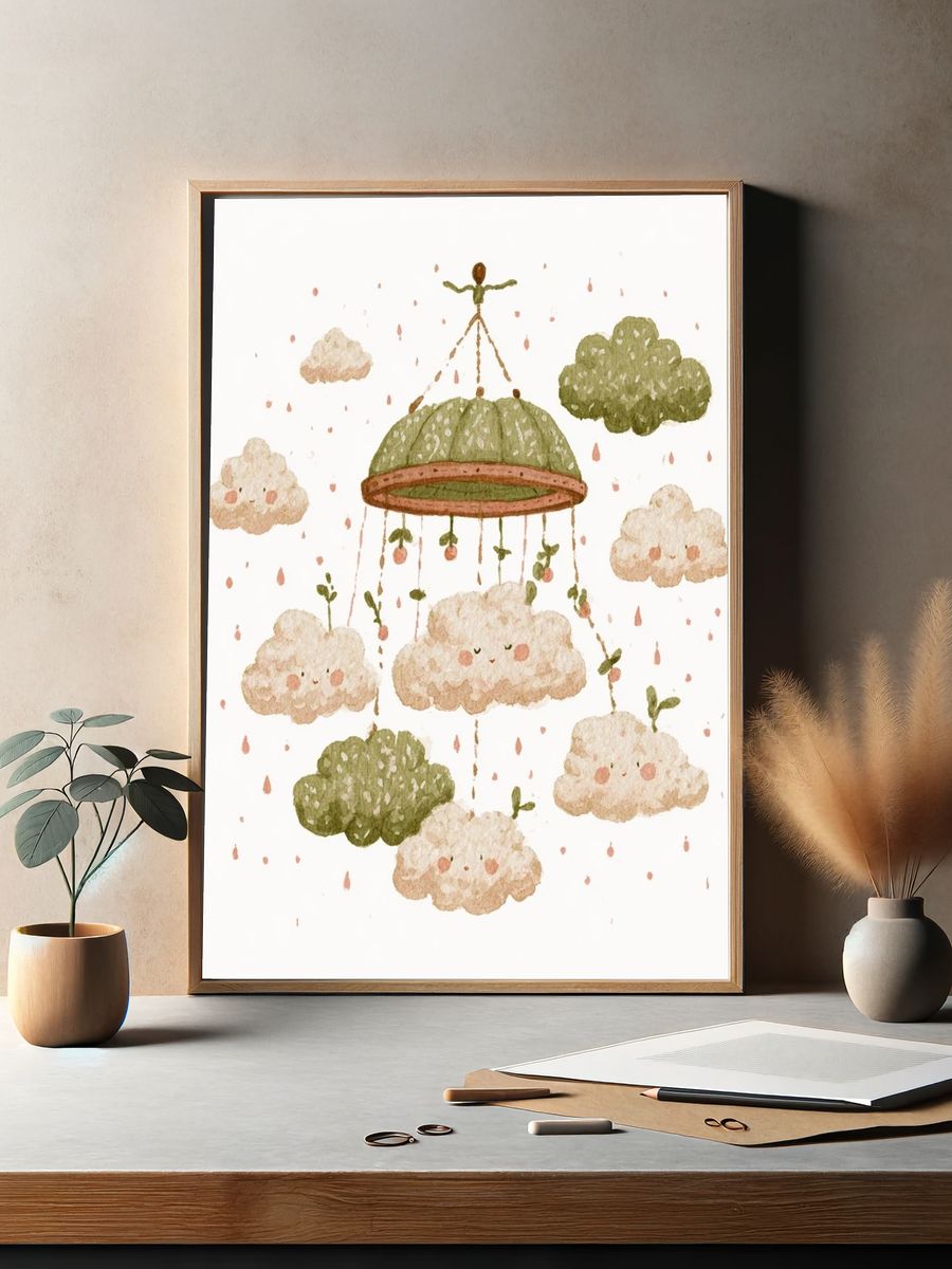 Floating Clouds Watercolor Print. — room view 2