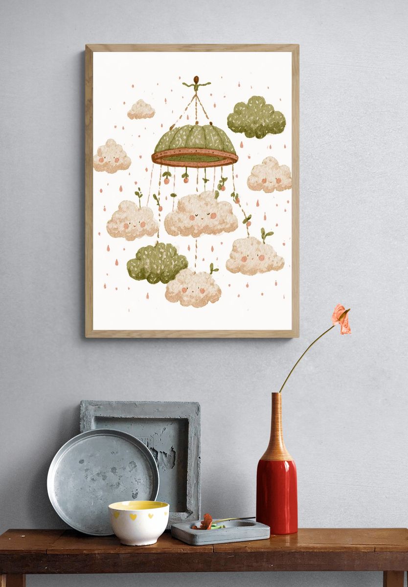 Floating Clouds Watercolor Print. — room view 3
