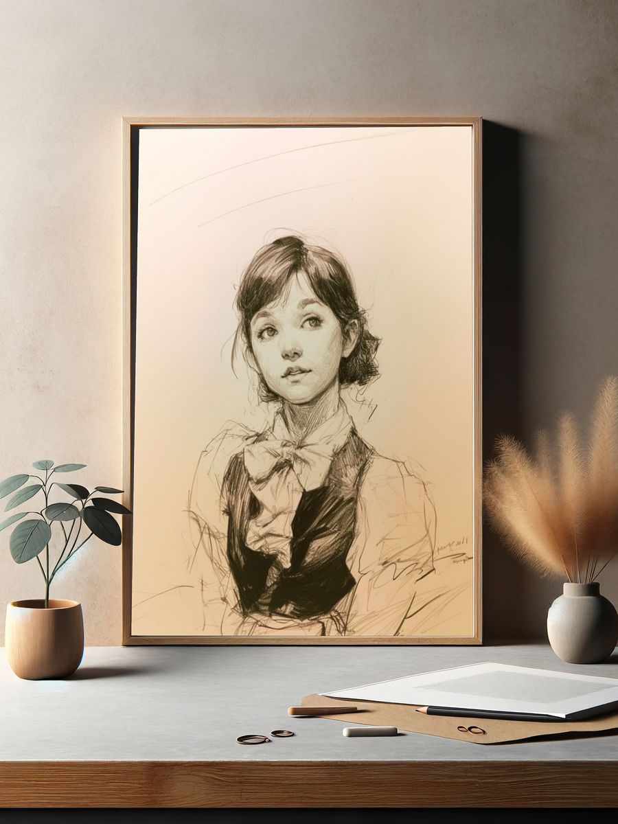 Young Woman Sketch Portrait Print. — room view 2