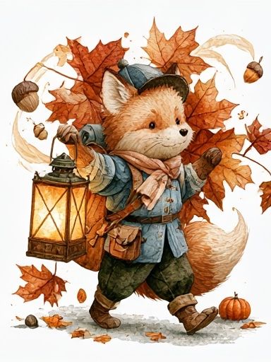 Autumn Fox Lantern Illustration Poster. poster detail