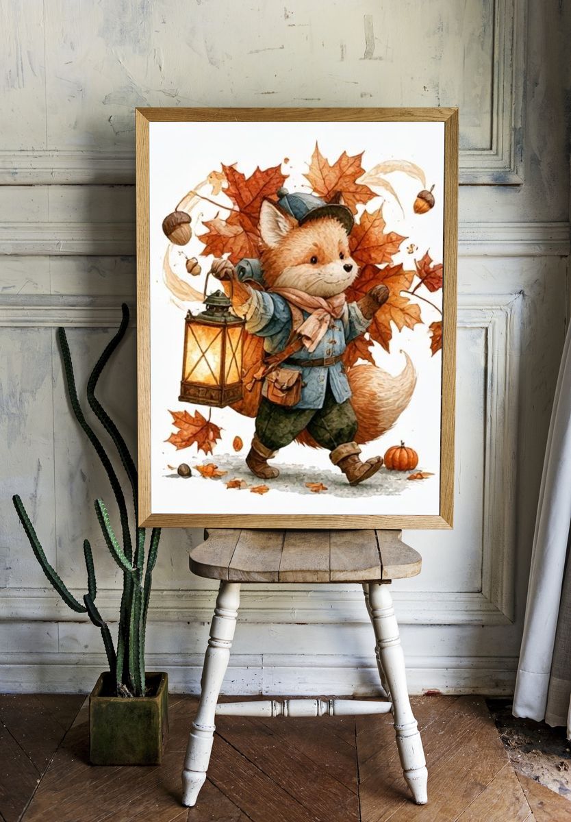 Autumn Fox Lantern Illustration Poster. room preview