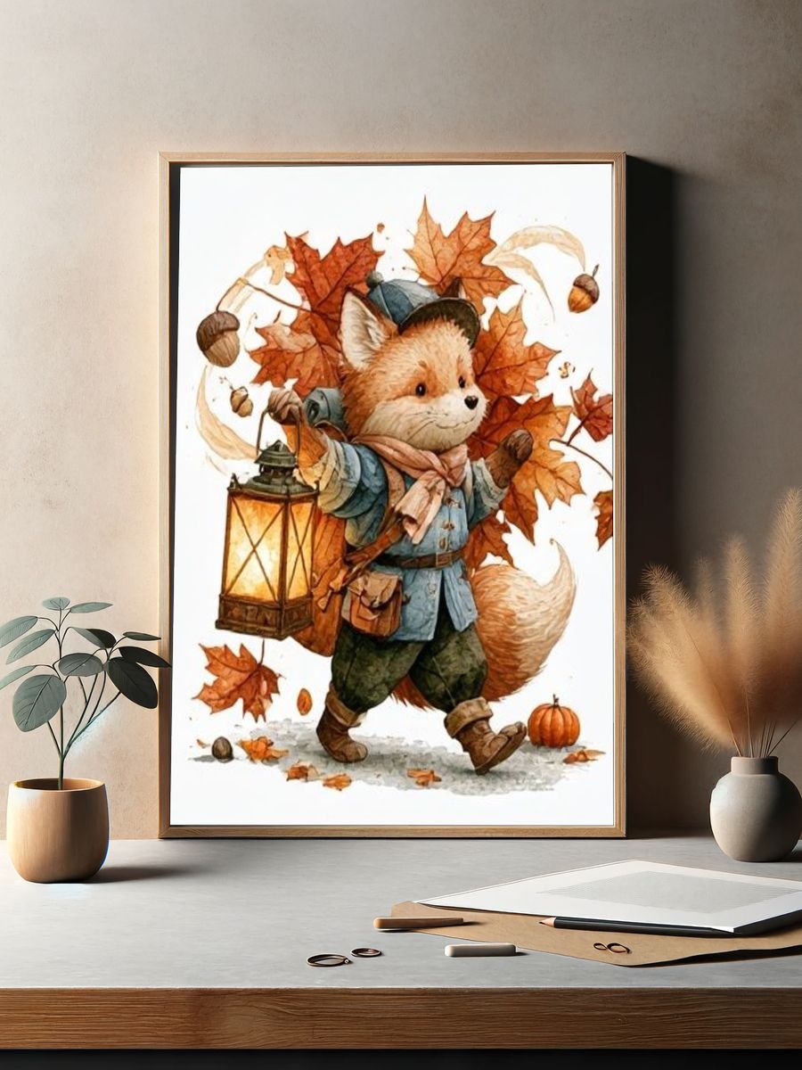 Autumn Fox Lantern Illustration Poster. — room view 2