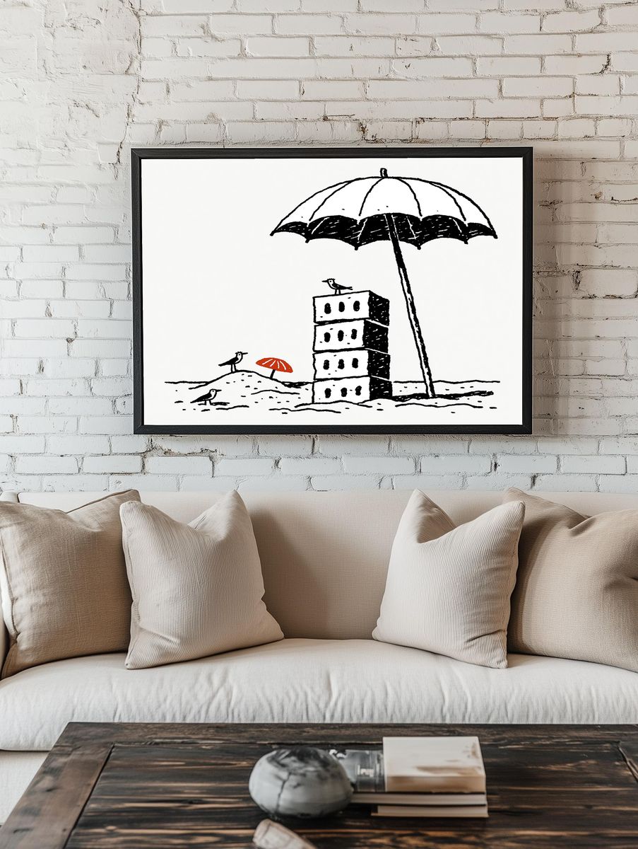 Beach Umbrella Birds Illustration Poster. room preview