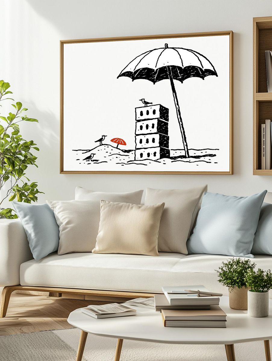 Beach Umbrella Birds Illustration Poster. — room view 2