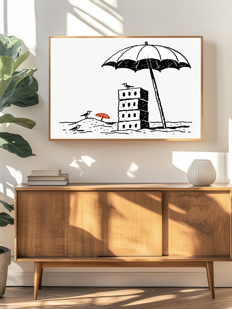 Beach Umbrella Birds Illustration Poster. — room view 3