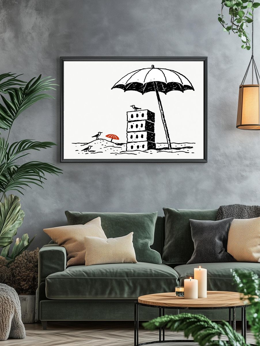 Beach Umbrella Birds Illustration Poster. — room view 4