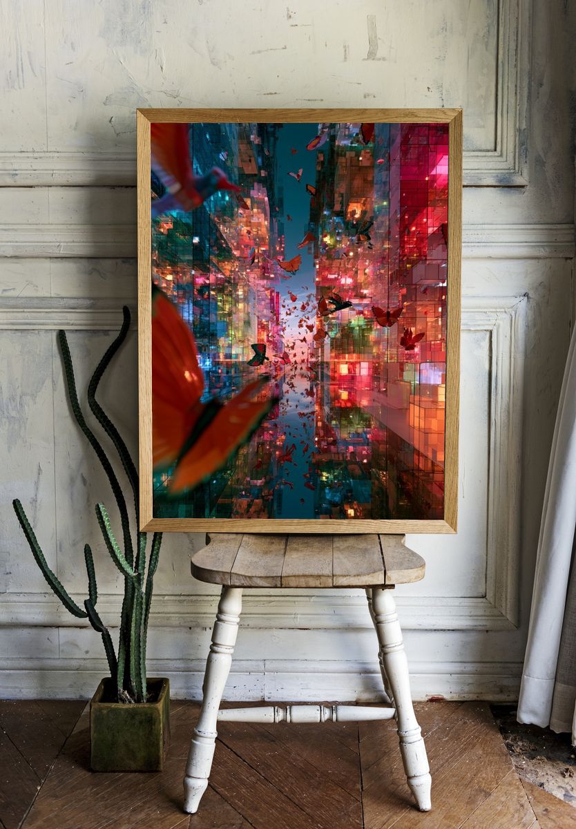 Neon Butterfly Cityscape Print. room preview