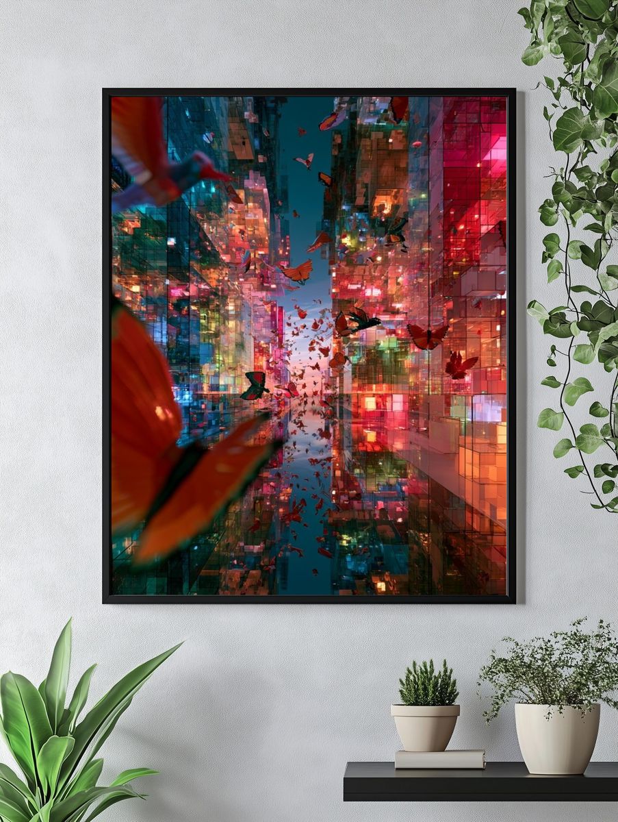Neon Butterfly Cityscape Print. — room view 4
